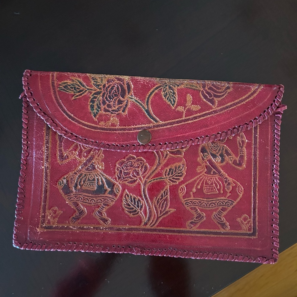 Vintage Leather Hand Tolled Red Clutch Button Wallet